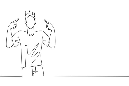 Single line drawing of a young man pointing proudly at his crown, representing ego and self-focus for World Narcissistic Abuse Awareness Day in a psychology concept with awareness message.