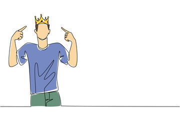 A single line drawing of a young man pointing proudly at his crown, highlighting arrogance, ego, and red flags. Ideal for World Narcissistic Abuse Awareness Day in a psychology and behavior concept