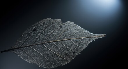 Intricate Skeleton Leaf: Nature's Delicate Vein Structure in Dark Backlit Photography