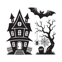 title Spooky Halloween Scene with Haunted House Bat Spider and Tombstone keywords haunted house bat spider tombstone halloween spooky dark gothic gravesite mystery horror gothic