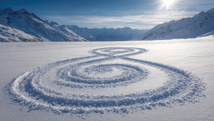 Snowy mountaintop with intricate, spiraling design in the snow