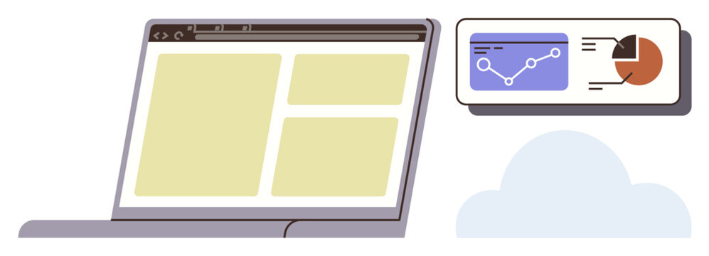 Open laptop with web layout and data chart projection near a cloud. Ideal for analytics, online tools, cloud computing, teamwork, remote work, data sharing, tech processes. Minimal simple flat - Powered by Adobe