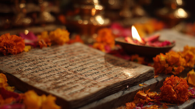 Jain Dashalakshani Parva, close-up of Jain scriptures with diya and flowers during prayer ritual