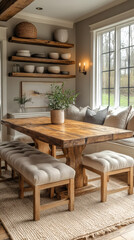 Fototapeta premium Rustic farmhouse dining room with modern metallic touches and warm lighting wallpaper
