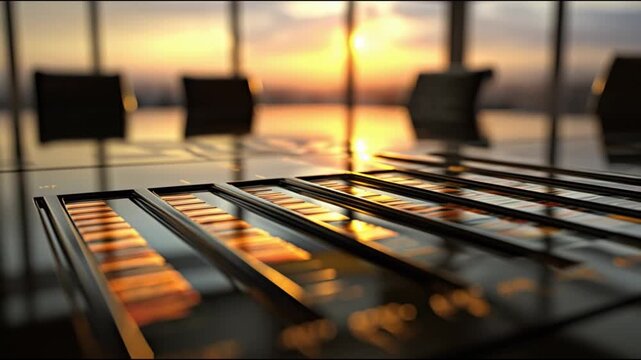 Sleek business table setup with charts and natural backlight, contrast shadows, blank space for corporate message (2)