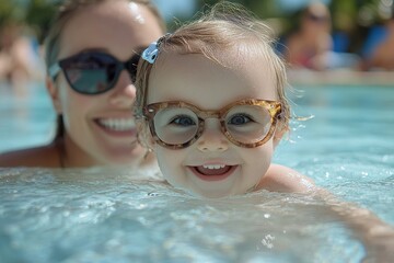 Happy toddler girl with sunglasses smiling and enjoying family bonding time with her mother in the swimming pool on summer vacation, Generative AI