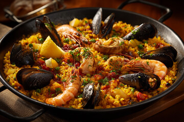 Experience the vibrant flavors of traditional Spanish paella served in a wide pan, showcasing fresh seafood and colorful vegetables
