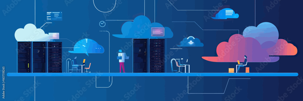 Poster cloud computing network with data center servers, business people working with laptops and tablets, 