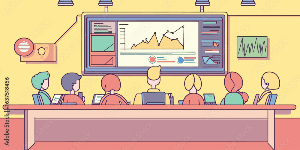 Poster business team meeting analyzing data charts on large digital dashboard monitor for investment perfor