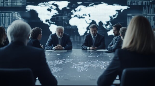 A diverse group of professionals in a meeting, analyzing global data with a futuristic backdrop.