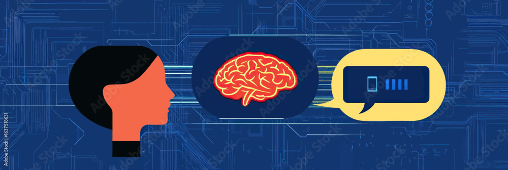 Poster profile silhouette of human head with glowing brain and speech bubble containing chat interface symb
