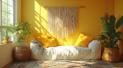 Decorative wall hanging made of macram and natural fibers beautifully showcased against a pastel colored wall enhancing the bohemian vibe of a serene reading nook