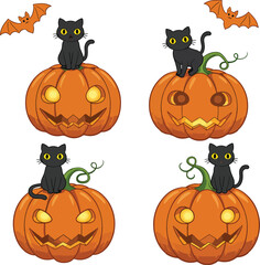 Cute Black Cats Sitting on Jack-O-Lantern Pumpkins with Bats - Halloween Cartoon Vector Set