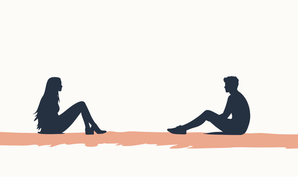 Silhouette of man and woman sitting facing each other on ground in minimalist flat vector style with soft background and relaxed posture concept illustration