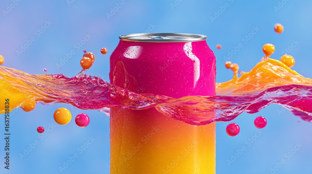 Poster can of soda with a splash of orange and pink water. the can is floating in the water, creating a col
