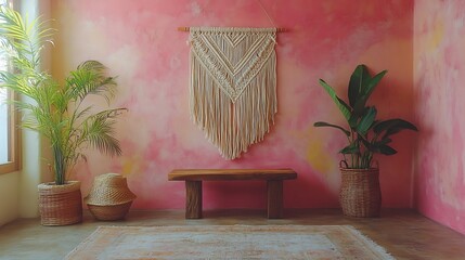 Decorative wall hanging made of macram and natural fibers beautifully showcased against a pastel colored wall enhancing the bohemian vibe of a serene reading nook