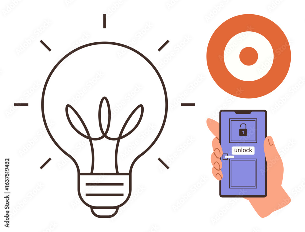 Poster glowing lightbulb, target icon, smartphone unlocking in hand. ideal for creativity, innovation, goal