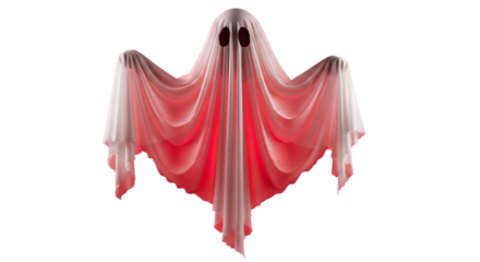 A pink and white ghost with dark eye sockets floating against a black background for halloween night