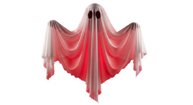 A pink and white ghost with dark eye sockets floating against a black background for halloween night