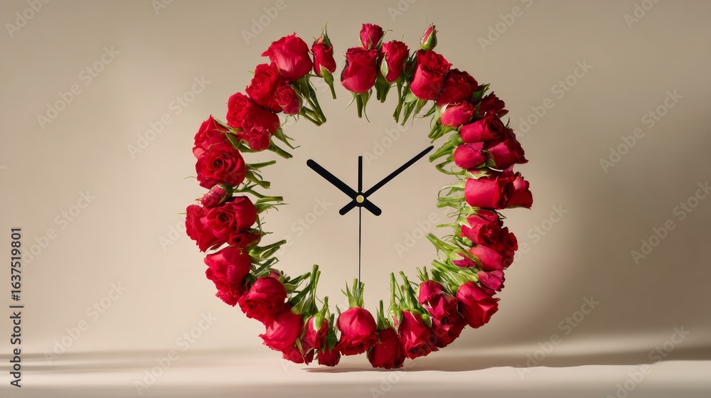 Poster clock with a flowery design and the hands pointing to the numbers 3 and 9. the clock is surrounded b