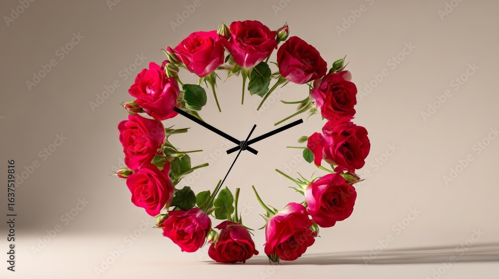 Poster clock with a rose design on it. the clock is set at 12:00. the roses are arranged in a circle around