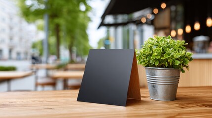 Black card is on a table next to a potted plant. The card is rectangular and has a black border. The potted plant is green and sits on a wooden table. The scene is set in a restaurant or cafe