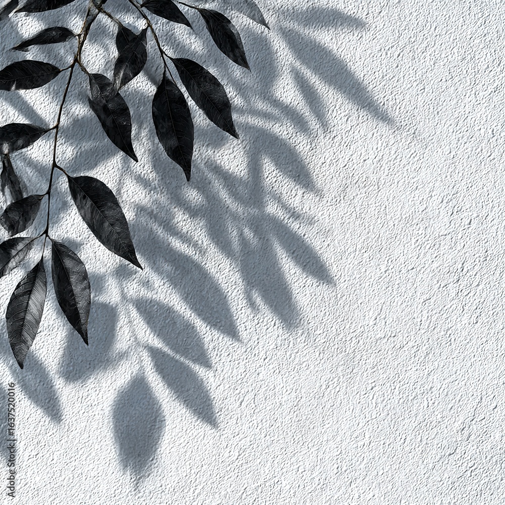 Aufkleber branch with leaves casting shadows on a textured white wall in a corner of the frame creating contra