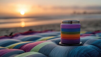 Colorful cup on a beach blanket at sunset