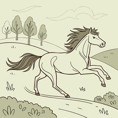 A line drawing of a horse running in a field with trees and hills