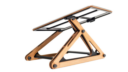 Adjustable wooden laptop stand designed for ergonomic use, showcasing modern design in a clean workspace