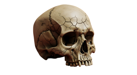 A cracked skull with visible sutures and eye sockets on a black background in a side profile view