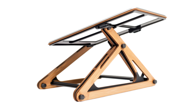 Adjustable wooden laptop stand designed for ergonomic use, showcasing modern design in a clean workspace