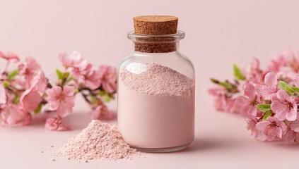 Pink powder in glass jar, surrounded by cherry blossoms on a pale pink background