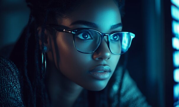 Black female cyber security analyst analyzing AI cyberspace threats and risks on a computer in a dark office data center, focusing on bank and stock market security, Generative AI - Powered by Adobe