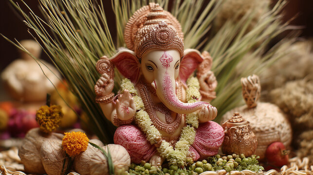 Sankashti Chaturthi, close-up of Lord Ganesha idol adorned with durva grass and garlands