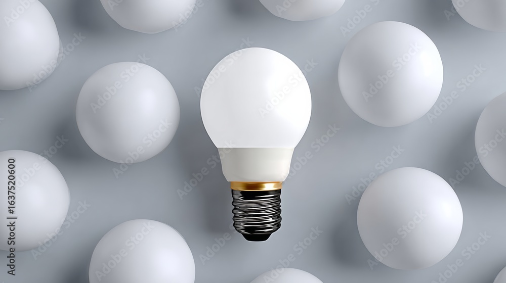 Poster light bulb is placed in the middle of a bunch of white eggs. the light bulb is the only object that 