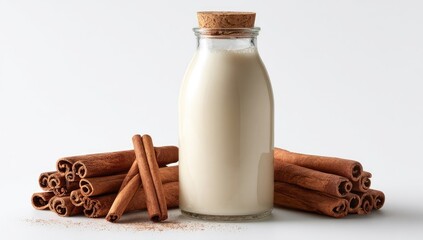 Creamy cinnamon milk in a glass bottle, surrounded by cinnamon sticks