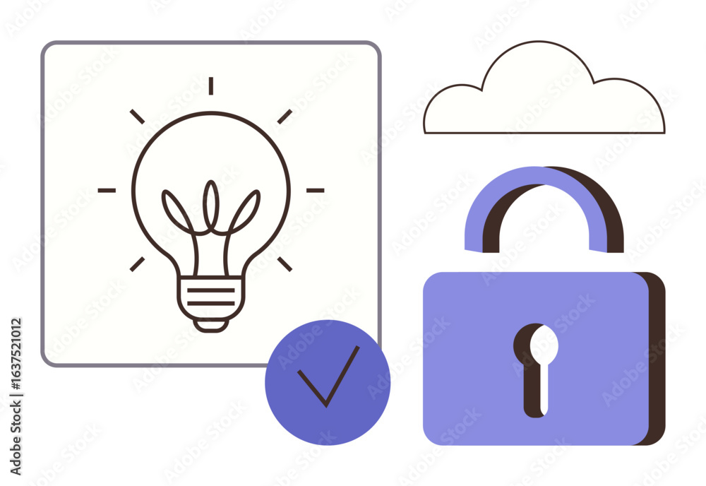 Poster lightbulb and checkmark emphasize ideas and success, cloud portrays online solutions, lock symbolize