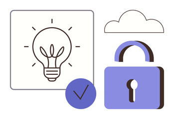 Lightbulb and checkmark emphasize ideas and success, cloud portrays online solutions, lock symbolizes data security. Ideal for technology, cloud storage, innovation, privacy, cybersecurity, success