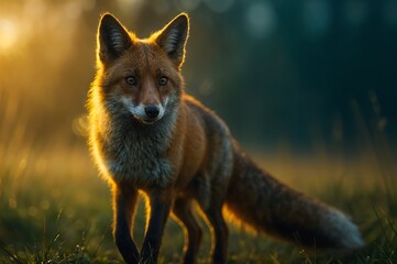 Fototapeta premium Alert Red Fox Walking Through Grassy Field at Sunset in Warm Light