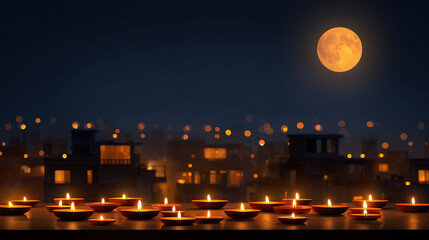 Sharad Purnima, full moon night sky with diya lamps arranged on rooftop