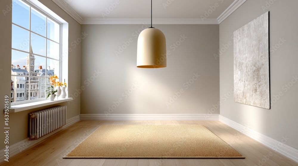 Poster large room with a white wall and a window. the room is empty and has a light color scheme