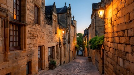 Obraz premium A narrow, stone-lined alleyway bathed in the warm glow of twilight.