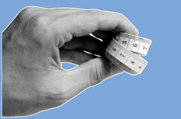 Close up of hand holding two tape measure pixelate grayscale color halftone dotted texture style collage element isolated on blue background. Comparison concept.