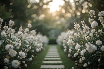 Beautiful Garden Path with White Flowers at Sunset