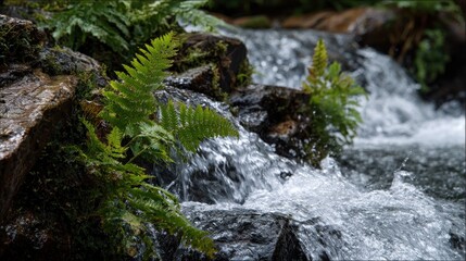 Obraz premium Close-up of water flowing over jagged rocks with green ferns growing nearby in a European woodland waterfall
