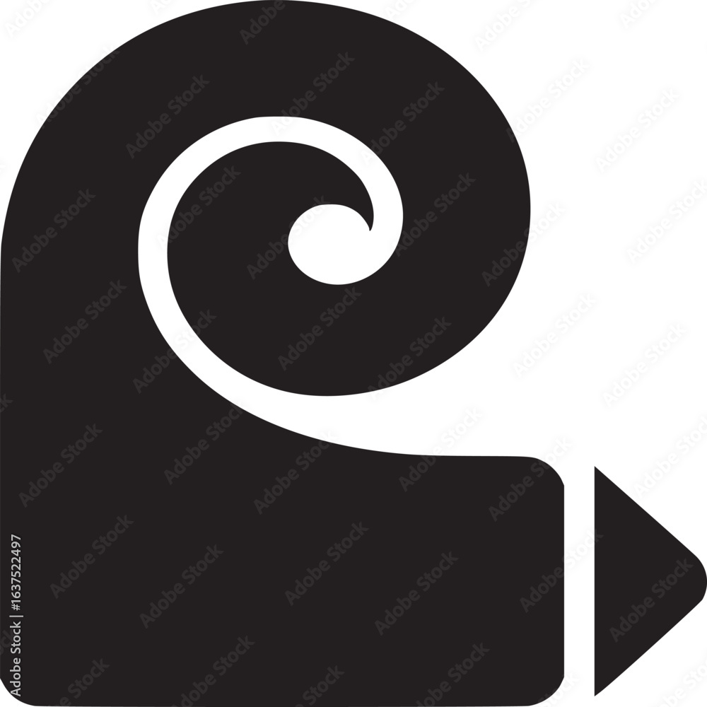 Poster a stylized black and white design featuring a spiral shape connected to a rectangular form with arro