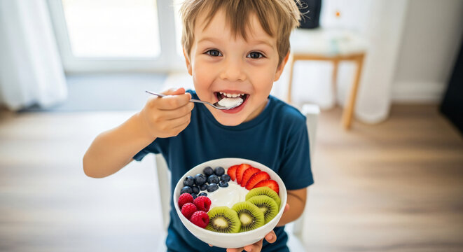 A little boy eats a healthy fruit and yogurt breakfast at home. Child enjoys fresh berry kiwi strawberry smoothie bowl for banner.