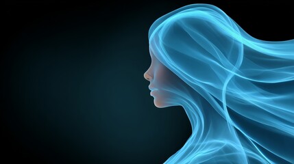 Woman's face is shown in a blue and purple color. The hair is long and flowing, and the face is outlined in black. The image has a dreamy and ethereal quality