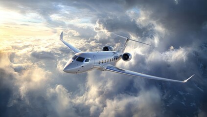 Fototapeta premium Private jet soars through dramatic cloudscape